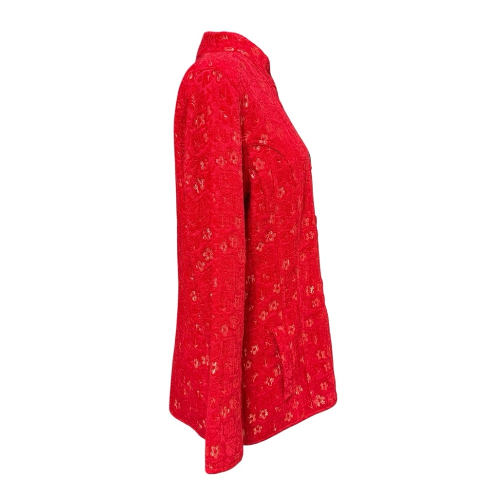 Chico’s Red Floral Jacquard Mandarin Collar Button Jacket Blazer Size 1 - Picture 2 of 7